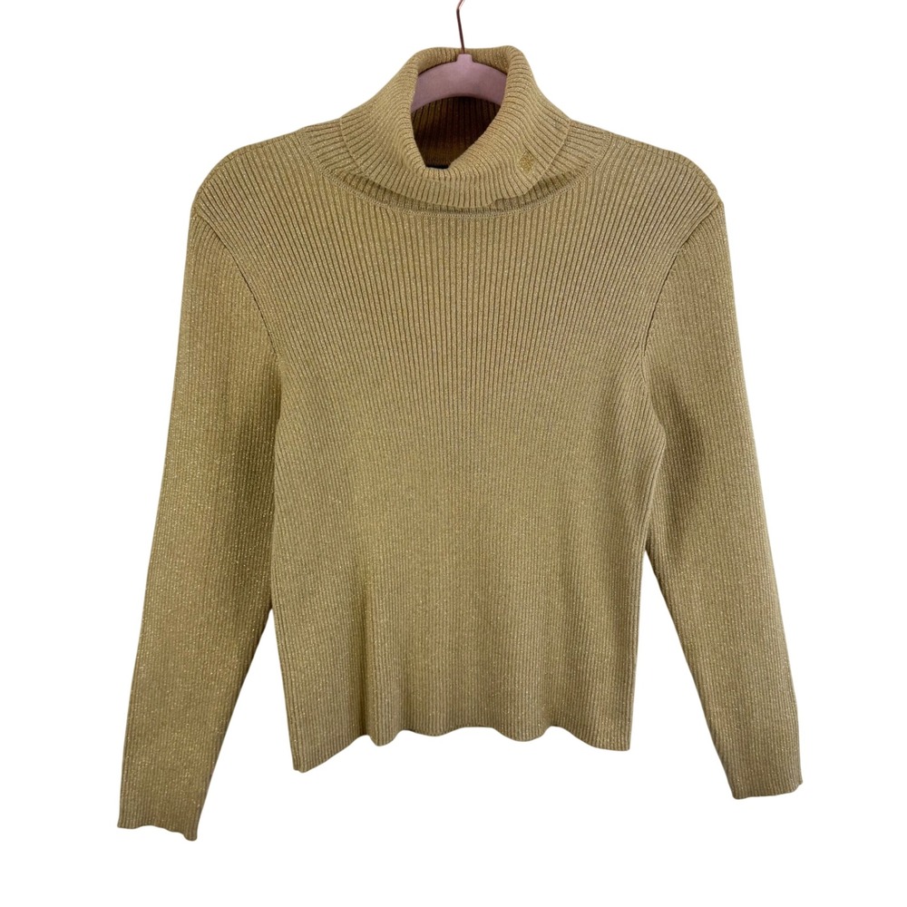 Lauren Ralph Lauren Gold Metallic Ribbed Turtleneck Sweater LRL Logo Womens L